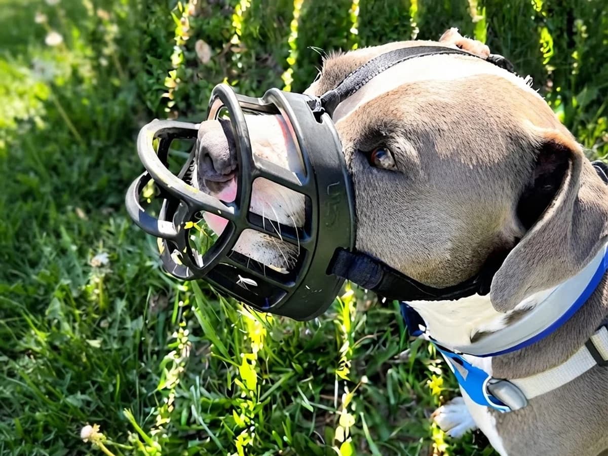 A dog outdoors in a well-fitted basket muzzle, relaxed with room to pant